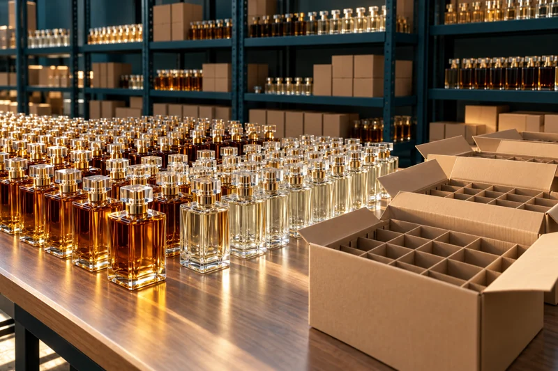 Illustrative wholesale perfume bottles arranged beside divided cartons